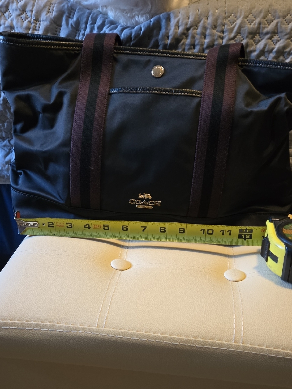 Coach Black Tote with Brown-Black Striped Handles